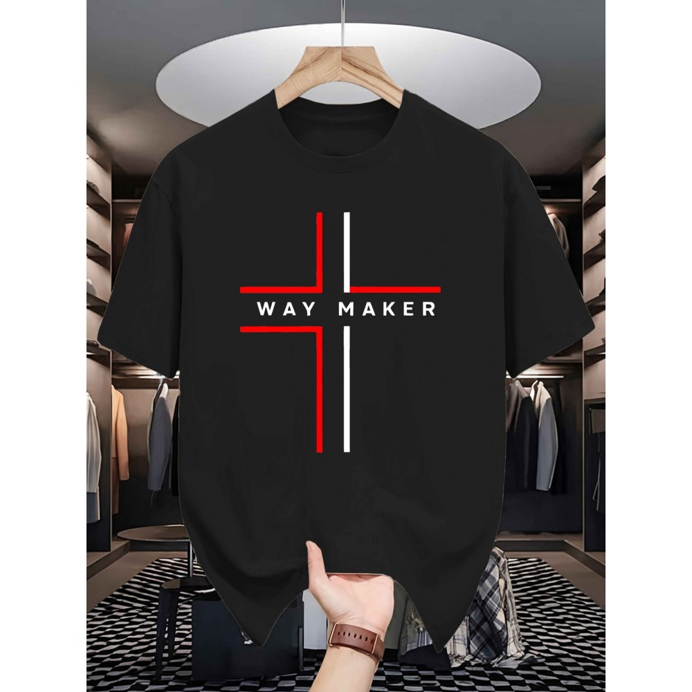 Camiseta Masculina WAY MAKER com Estampa Gráfica de Manga Curta - Design da Cruz Vermelha, Gola Careca em Algodão Preto, Ajuste Regular para Verão Casual para Jovens e Adultos