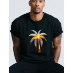 T-shirt masculina 100% algodão com estampa de pôr do sol em Havaí e árvore de coco. T-shirt casual de manga curta para férias na praia. Adequado para saídas casuais, desportos e vestuário casual.