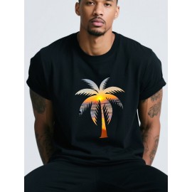 T-shirt masculina 100% algodão com estampa de pôr do sol em Havaí e árvore de coco. T-shirt casual de manga curta para férias na praia. Adequado para saídas casuais, desportos e vestuário casual.