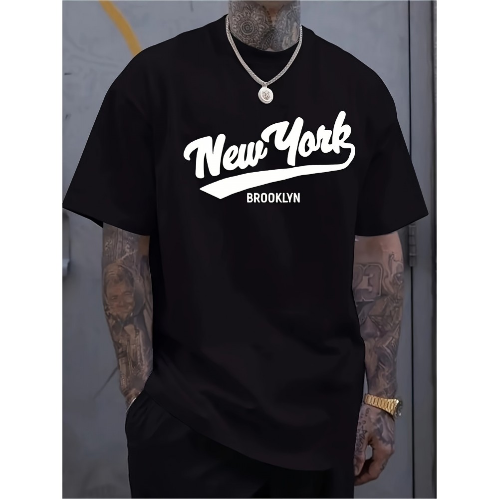 T-shirt gráfica de Brooklyn para homem - 180g de algodão macio, decote redondo, estilo urbano, preto com estampa branca, t-shirt casual de verão, roupa casual | Camisa com estampa ousada | Camisa de textura macia