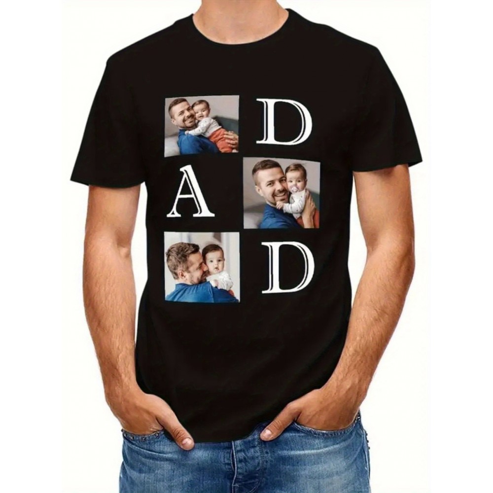 Camiseta de Pai com 4 Fotos & Estampa DAD - Presente para o Dia dos Pais, Manga Curta Preta em Algodão Macio e Respirável 180gsm, Lavável na Máquina, Camisa Casual Masculina, Lembrança Familiar, Design Engraçado, Conforto Garantido, Presentes para Papai