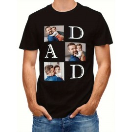 Camiseta de Pai com 4 Fotos & Estampa DAD - Presente para o Dia dos Pais, Manga Curta Preta em Algodão Macio e Respirável 180gsm, Lavável na Máquina, Camisa Casual Masculina, Lembrança Familiar, Design Engraçado, Conforto Garantido, Presentes para Papai