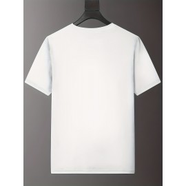 T-shirt masculina com estampa-azul marinho casual de verão, leve poliéster, concha redonda, mangas curtas, padrão geométrico, lavável à máquina.