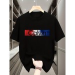 T-shirt masculina com estampa-azul marinho casual de verão, leve poliéster, concha redonda, mangas curtas, padrão geométrico, lavável à máquina.
