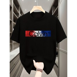T-shirt masculina com estampa-azul marinho casual de verão, leve poliéster, concha redonda, mangas curtas, padrão geométrico, lavável à máquina.