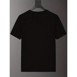 T-shirt masculina com estampa-azul marinho casual de verão, leve poliéster, concha redonda, mangas curtas, padrão geométrico, lavável à máquina.