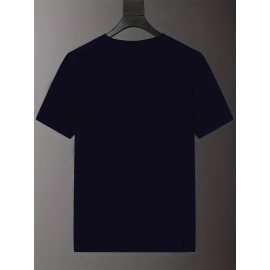 T-shirt masculina com estampa-azul marinho casual de verão, leve poliéster, concha redonda, mangas curtas, padrão geométrico, lavável à máquina.