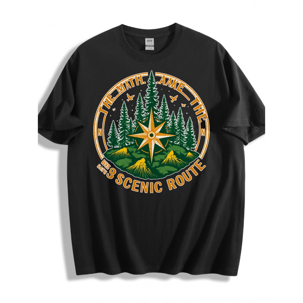 Camiseta Masculina de Aventura ao Ar Livre - Caminho Cênico com Rosa dos Ventos e Bússola, Leve e Respirável para Trilhas, Acampamento e Viagens - Presente Perfeito para Amantes da Natureza, Equipamento de Hiking, Roupa Casual, Construção Durável