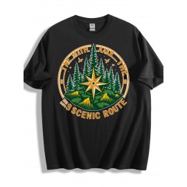 Camiseta Masculina de Aventura ao Ar Livre - Caminho Cênico com Rosa dos Ventos e Bússola, Leve e Respirável para Trilhas, Acampamento e Viagens - Presente Perfeito para Amantes da Natureza, Equipamento de Hiking, Roupa Casual, Construção Durável