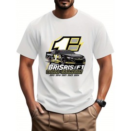Camisetas BRISRIS F1 WORLD CHAMPION com Estampa de Carro de Corrida para Homens - 100% Algodão, Gola Redonda Casual - Camisetas Masculinas Elegantes e Confortáveis, Respirável de Manga Curta