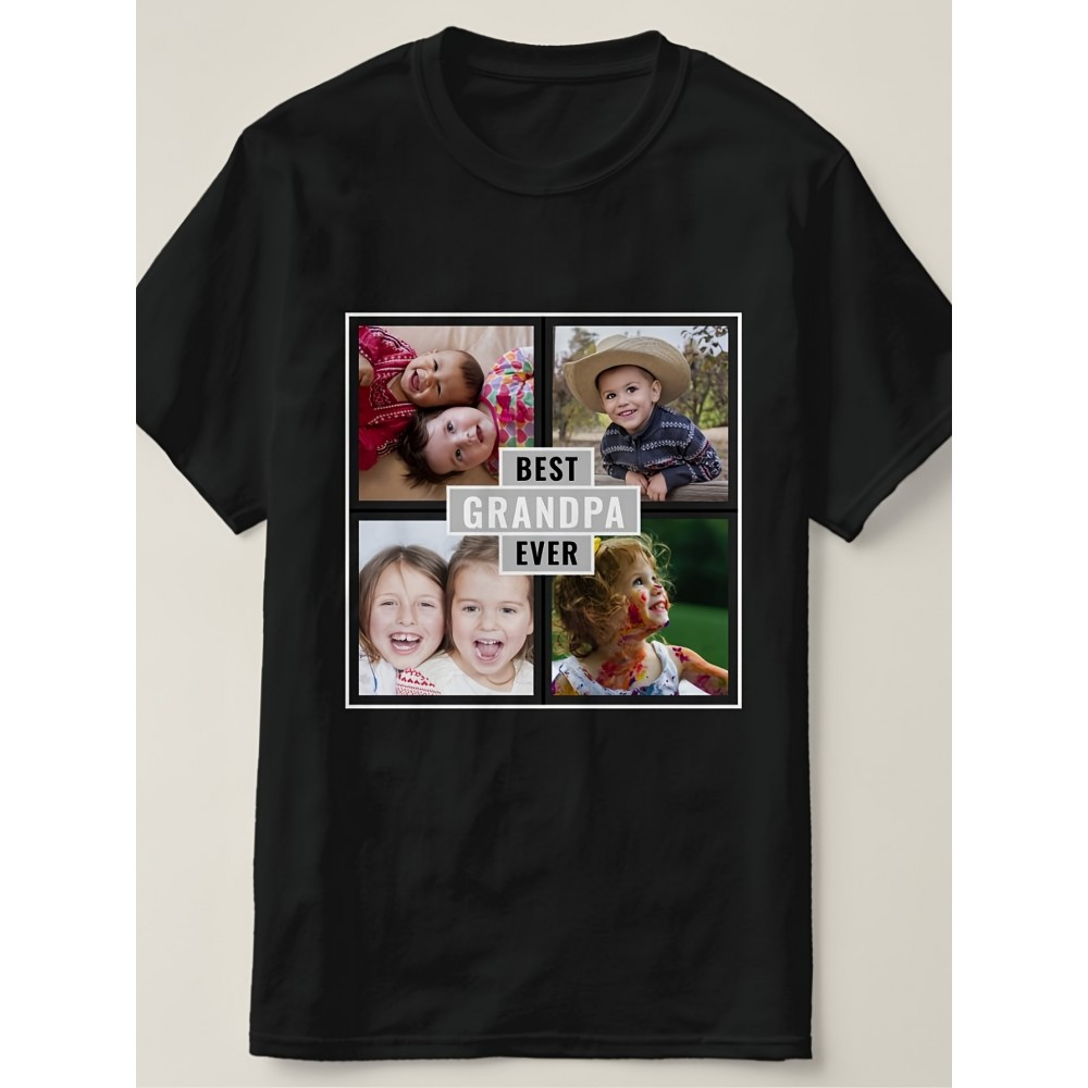 Camiseta Personalizada com Colagem de 4 Fotos Melhor Avô do Mundo - Tee de Algodão com Nome, Estampa Engraçada Unissex para Presentes Familiares, Passeios de Verão & Vestuário Casual, Confortável
