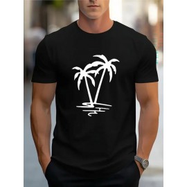 T-shirt masculina de manga curta com estampa de palmeira, confortável, com decote redondo, em algodão, respirável e macia, roupa masculina, t-shirt de verão e primavera, roupa de rua, tecido de algodão, estampa de letras na moda