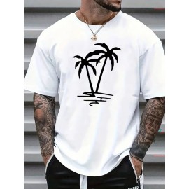 T-shirt masculina de manga curta com estampa de palmeira, confortável, com decote redondo, em algodão, respirável e macia, roupa masculina, t-shirt de verão e primavera, roupa de rua, tecido de algodão, estampa de letras na moda