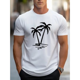 T-shirt masculina de manga curta com estampa de palmeira, confortável, com decote redondo, em algodão, respirável e macia, roupa masculina, t-shirt de verão e primavera, roupa de rua, tecido de algodão, estampa de letras na moda