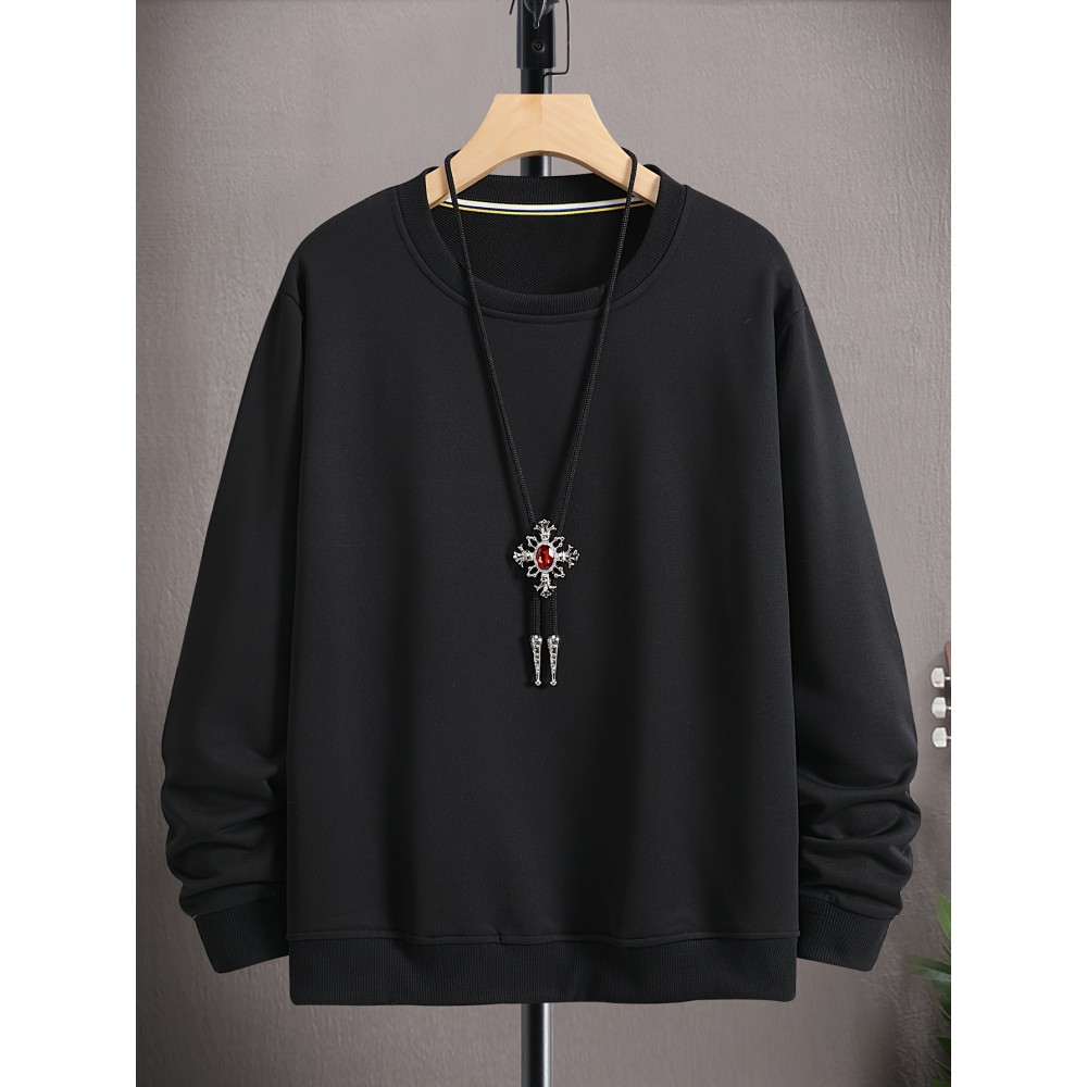 Moletom Masculino de Poliéster Macio na Cor Creme - Casual, Elegante com Manga Longa e Gola Redonda com Detalhe de Chaveiro de Esqueleto, Lavável à Máquina para Uso Confortável ao Ar Livre na Primavera & Outono