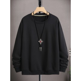 Moletom Masculino de Poliéster Macio na Cor Creme - Casual, Elegante com Manga Longa e Gola Redonda com Detalhe de Chaveiro de Esqueleto, Lavável à Máquina para Uso Confortável ao Ar Livre na Primavera & Outono
