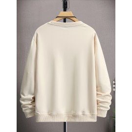 Moletom Masculino de Poliéster Macio na Cor Creme - Casual, Elegante com Manga Longa e Gola Redonda com Detalhe de Chaveiro de Esqueleto, Lavável à Máquina para Uso Confortável ao Ar Livre na Primavera & Outono