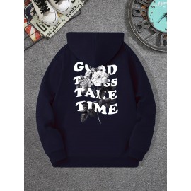 Moletom com capuz com gola redonda e manga longa, com estampa com flor e frase 
