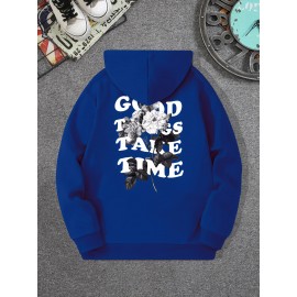 Moletom com capuz com gola redonda e manga longa, com estampa com flor e frase 