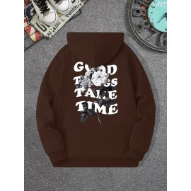 Moletom com capuz com gola redonda e manga longa, com estampa com flor e frase 