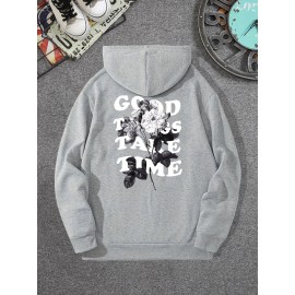 Moletom com capuz com gola redonda e manga longa, com estampa com flor e frase 