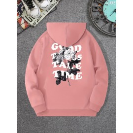 Moletom com capuz com gola redonda e manga longa, com estampa com flor e frase 