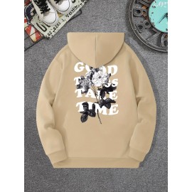 Moletom com capuz com gola redonda e manga longa, com estampa com flor e frase 
