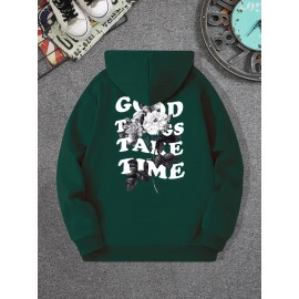 Moletom com capuz com gola redonda e manga longa, com estampa com flor e frase 