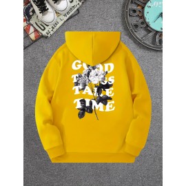 Moletom com capuz com gola redonda e manga longa, com estampa com flor e frase 