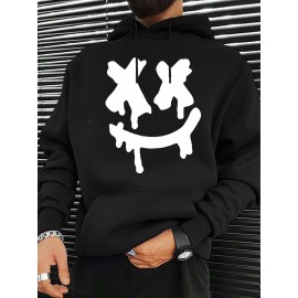 Moletom com capuz casual masculino estampado com rosto sorridente na moda, com cordão, confortável e de mangas compridas, adequado para uso diário e ao ar livre como presente