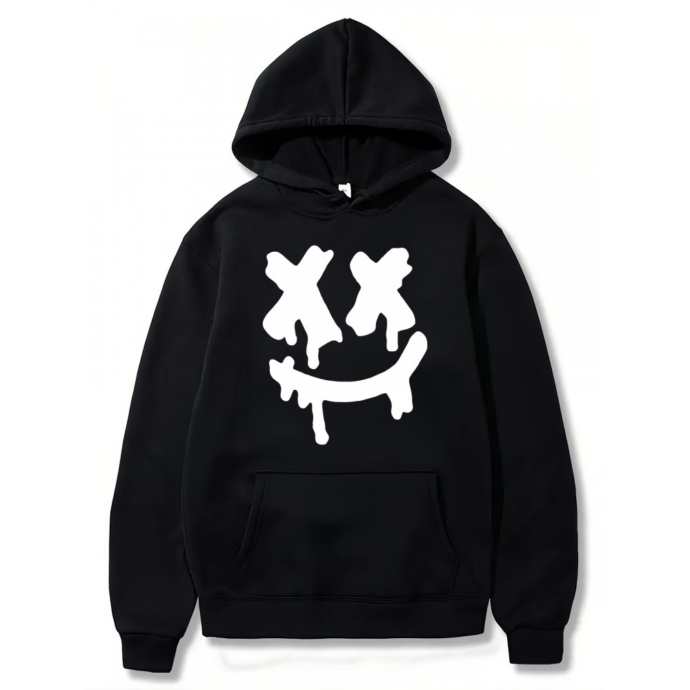 Moletom Masculino com Capuz Preto e Estampa Branca - Mistura de Algodão-Poliéster, Bolso Canguru, Ajuste Regular, Textura Média, Conforto para Todas as Estações, Lavável na Máquina, Moda Streetwear, Estilo Esportivo, Construção Durável, Moletom Casual, Te