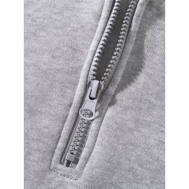 Moletom com Capuz Forrado em Fleece para Homens - Cinza, Manga Comprida, Gola com Zíper, Quente e Confortável para Uso Casual, Moletom Esportivo | Estilo Casual Hoodie | Bolsos Funcionais, Suéter com Capuz