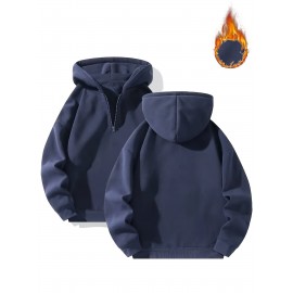 Moletom com Capuz Forrado em Fleece para Homens - Cinza, Manga Comprida, Gola com Zíper, Quente e Confortável para Uso Casual, Moletom Esportivo | Estilo Casual Hoodie | Bolsos Funcionais, Suéter com Capuz
