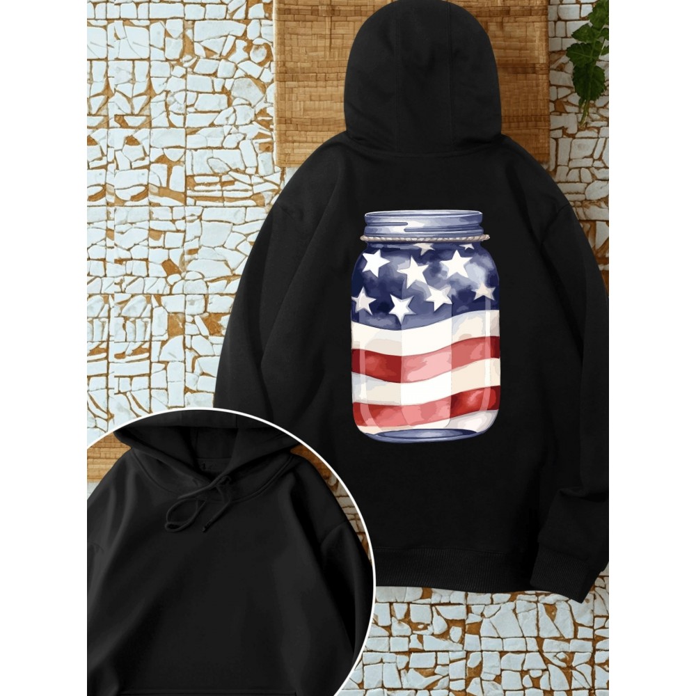 Moletom Feminino Estampa Bandeira Americana Patriótica - Design de Frasco Mason com Listras e Estrelas, Modelo Solto Casual com Bolsos Frontais, Lavável em Máquina para Primavera Verão Outono