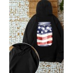 Moletom Feminino Estampa Bandeira Americana Patriótica - Design de Frasco Mason com Listras e Estrelas, Modelo Solto Casual com Bolsos Frontais, Lavável em Máquina para Primavera Verão Outono