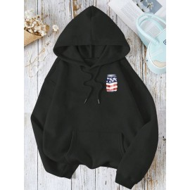 Moletom Feminino Estampa Bandeira Americana Patriótica - Design de Frasco Mason com Listras e Estrelas, Modelo Solto Casual com Bolsos Frontais, Lavável em Máquina para Primavera Verão Outono