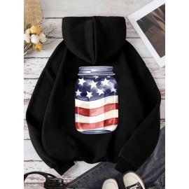 Moletom Feminino Estampa Bandeira Americana Patriótica - Design de Frasco Mason com Listras e Estrelas, Modelo Solto Casual com Bolsos Frontais, Lavável em Máquina para Primavera Verão Outono