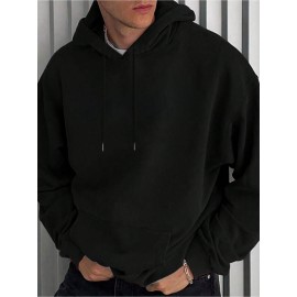 Moletom Slim Fit/ 1 peça de moletom/ 100% poliéster, Moletom com bolso canguru de cor sólida, Manga longa casual com cordão, Outono e Inverno para homens