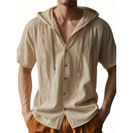 Camisas de Linho Masculinas Casuais com Manga Curta e Gola em V, Blusas Soltas para o Verão