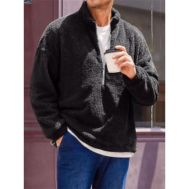 Moleskine de Outono para Homens com Zíper de Quarteto de Cor Sólida com Gola Alta Manga Longa Fuzzy Sherpa Suéter Quente