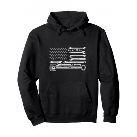 Moletom com tema de carro da bandeira americana para mecânicos, ideal para o outono e inverno. Confortável e macio, com capuz, cordão e bolsos.