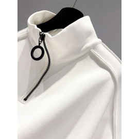 Moletom Casual Masculino com Gola Redonda - Tecido de Malha 100% Poliéster, Cor Sólida, Caimento Solto, Manga Longa com Meio Zíper para Primavera Outono