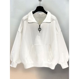 Moletom Casual Masculino com Gola Redonda - Tecido de Malha 100% Poliéster, Cor Sólida, Caimento Solto, Manga Longa com Meio Zíper para Primavera Outono