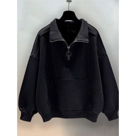 Moletom Casual Masculino com Gola Redonda - Tecido de Malha 100% Poliéster, Cor Sólida, Caimento Solto, Manga Longa com Meio Zíper para Primavera Outono