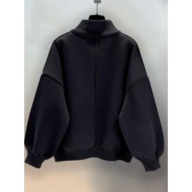 Moletom Casual Masculino com Gola Redonda - Tecido de Malha 100% Poliéster, Cor Sólida, Caimento Solto, Manga Longa com Meio Zíper para Primavera Outono