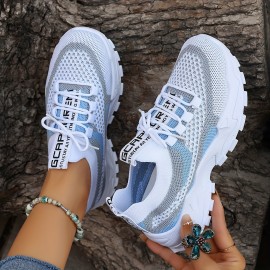 Sneaker de Plataforma em Malha Respirável para Mulheres, Sapatos Casuais com Cadarço para Exterior, Tênis Confortáveis de Cano Baixo, Tamanho Grande