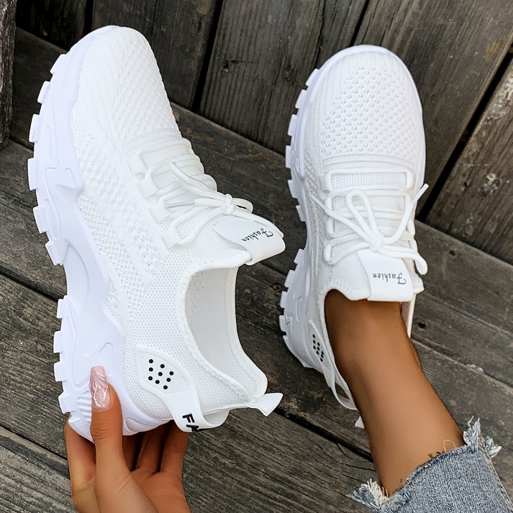 Sapatos femininos de malha respirável, leves e de corte baixo, com palmilhas macias, confortáveis para todas as estações, para fitness, caminhadas e uso casual, em branco, preto, vermelho, com design moderno e confortável para uso ao ar livre.