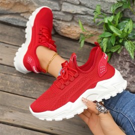 Sapatos femininos de malha respirável, leves e de corte baixo, com palmilhas macias, confortáveis para todas as estações, para fitness, caminhadas e uso casual, em branco, preto, vermelho, com design moderno e confortável para uso ao ar livre.