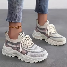 Um par de ténis femininos para todas as estações, cor sólida, material superior leve e respirável, sola de PVC confortável e macia, biqueira redonda, sapatos desportivos casuais de cano baixo
