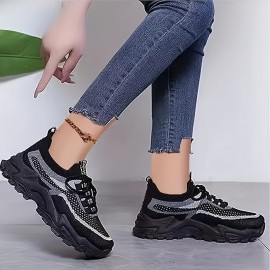 Um par de ténis femininos para todas as estações, cor sólida, material superior leve e respirável, sola de PVC confortável e macia, biqueira redonda, sapatos desportivos casuais de cano baixo